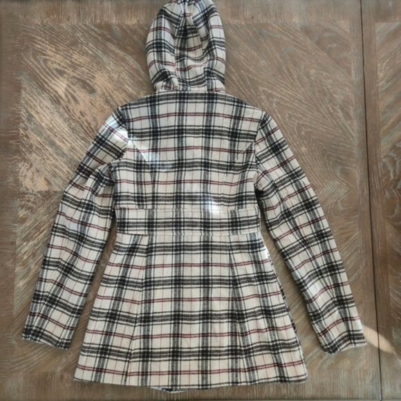 Say What? Plaid Toggle Coat w/ Faux Fur Hood Women’s M Beige Red Black - Picture 7 of 12
